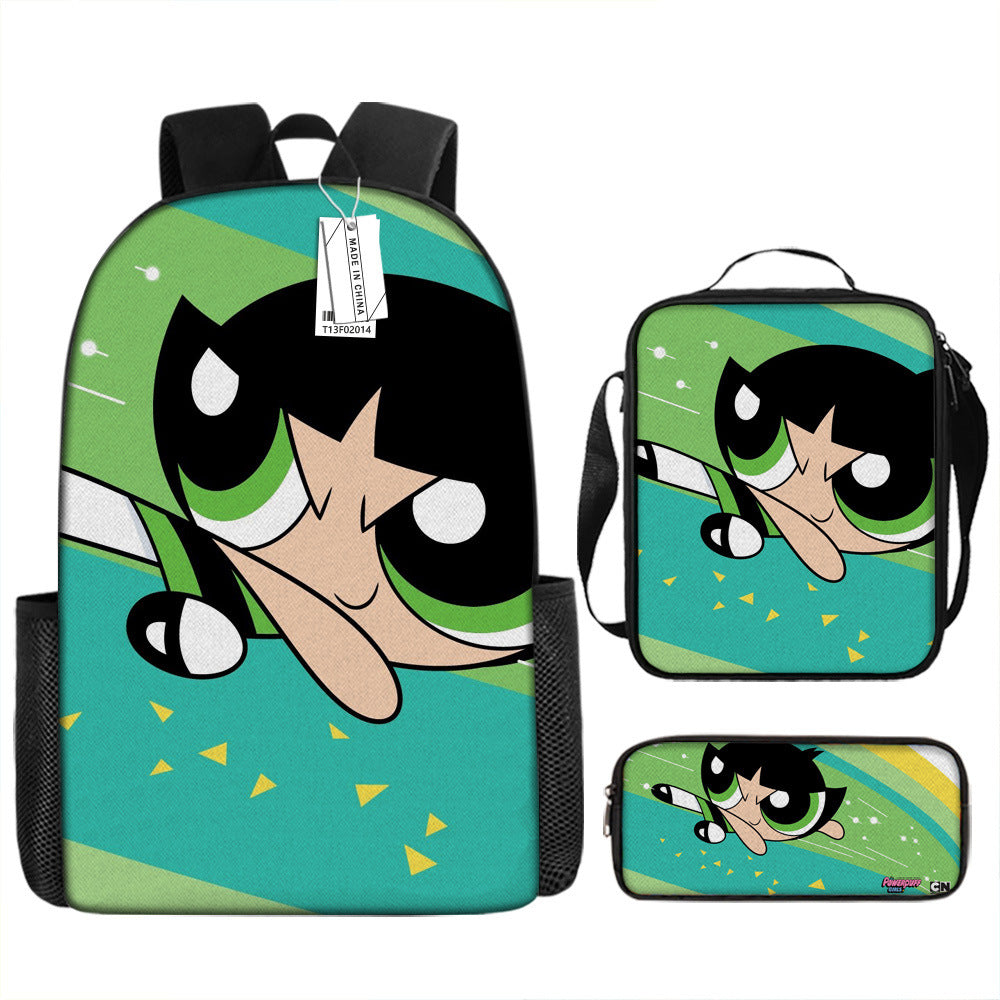 The Powerpuff Girls Full Printed Backpack Schoolbag Travel Notebook Bag Lunch Bag Pencil Bag for Kids Students 3PCS