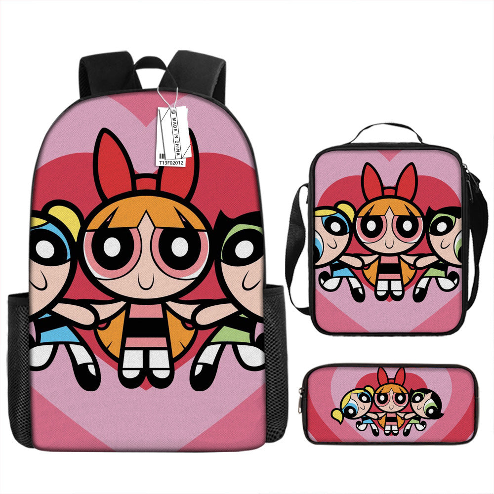 The Powerpuff Girls Full Printed Backpack Schoolbag Travel Notebook Bag Lunch Bag Pencil Bag for Kids Students 3PCS