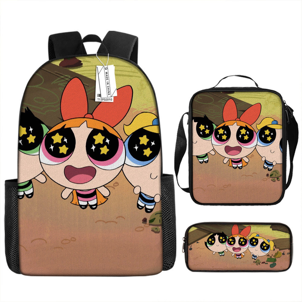 The Powerpuff Girls Full Printed Backpack Schoolbag Travel Notebook Bag Lunch Bag Pencil Bag for Kids Students 3PCS