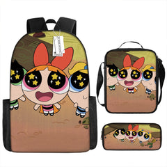 The Powerpuff Girls Full Printed Backpack Schoolbag Travel Notebook Bag Lunch Bag Pencil Bag for Kids Students 3PCS