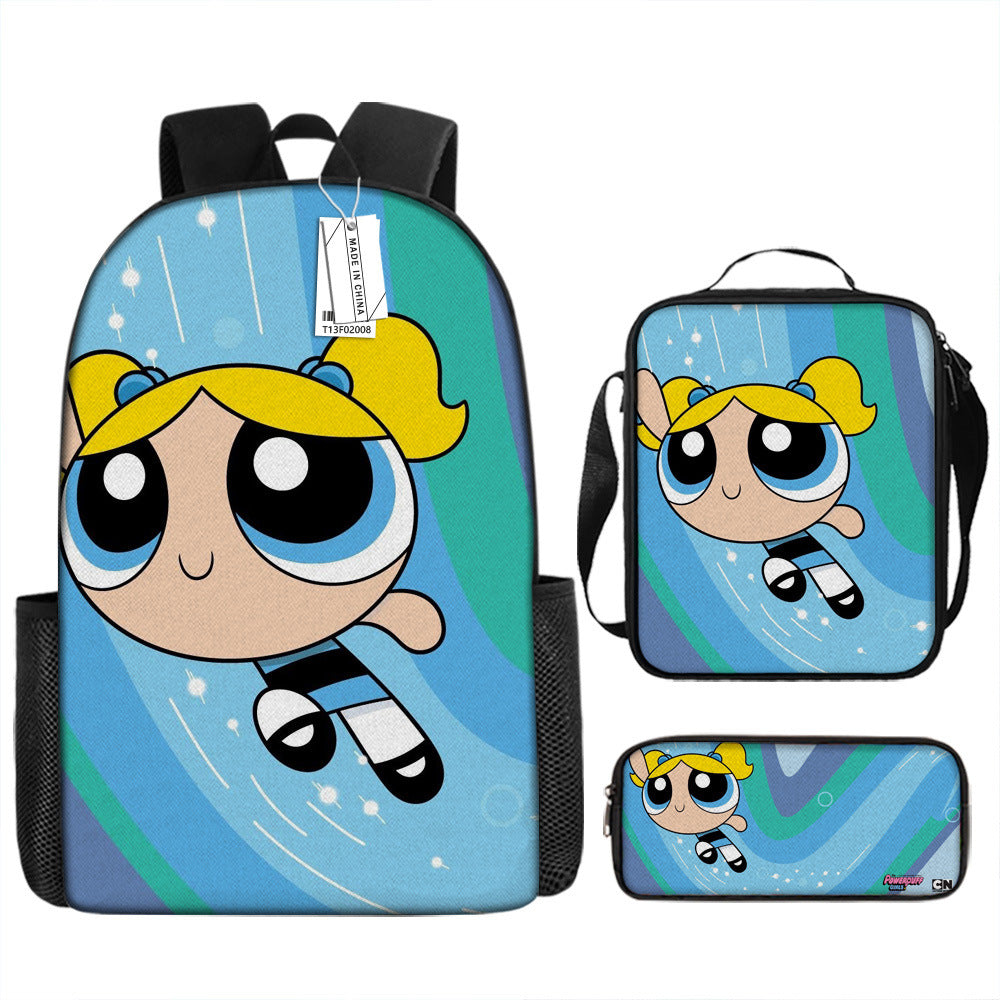 The Powerpuff Girls Full Printed Backpack Schoolbag Travel Notebook Bag Lunch Bag Pencil Bag for Kids Students 3PCS