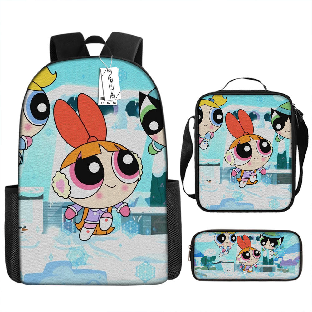 The Powerpuff Girls Full Printed Backpack Schoolbag Travel Notebook Bag Lunch Bag Pencil Bag for Kids Students 3PCS