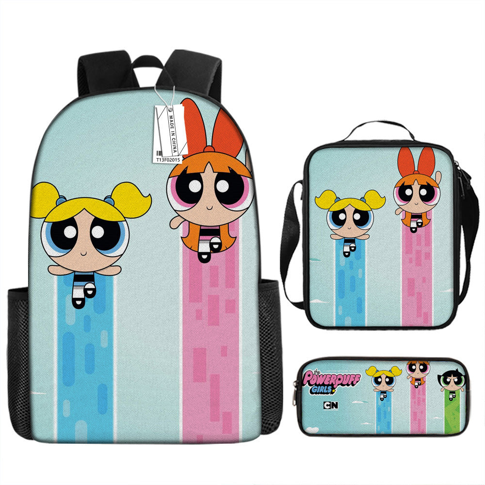 The Powerpuff Girls Full Printed Backpack Schoolbag Travel Notebook Bag Lunch Bag Pencil Bag for Kids Students 3PCS