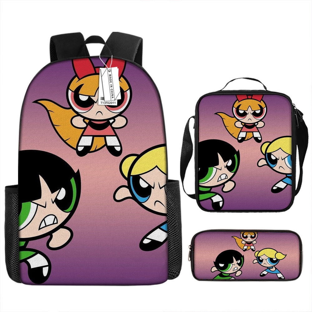 The Powerpuff Girls Full Printed Backpack Schoolbag Travel Notebook Bag Lunch Bag Pencil Bag for Kids Students 3PCS