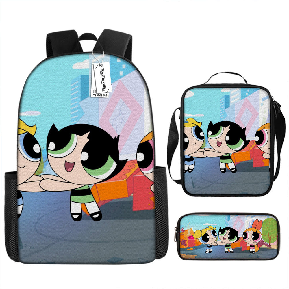 The Powerpuff Girls Full Printed Backpack Schoolbag Travel Notebook Bag Lunch Bag Pencil Bag for Kids Students 3PCS
