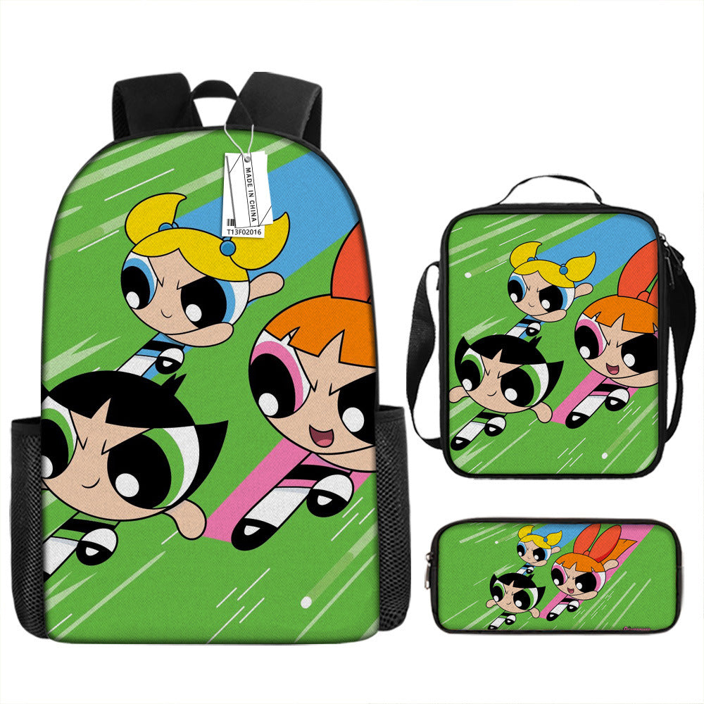 The Powerpuff Girls Full Printed Backpack Schoolbag Travel Notebook Bag Lunch Bag Pencil Bag for Kids Students 3PCS