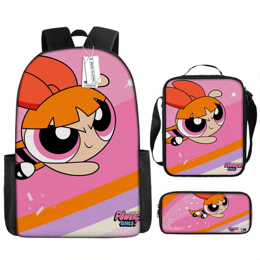 The Powerpuff Girls Full Printed Backpack Schoolbag Travel Notebook Bag Lunch Bag Pencil Bag for Kids Students 3PCS