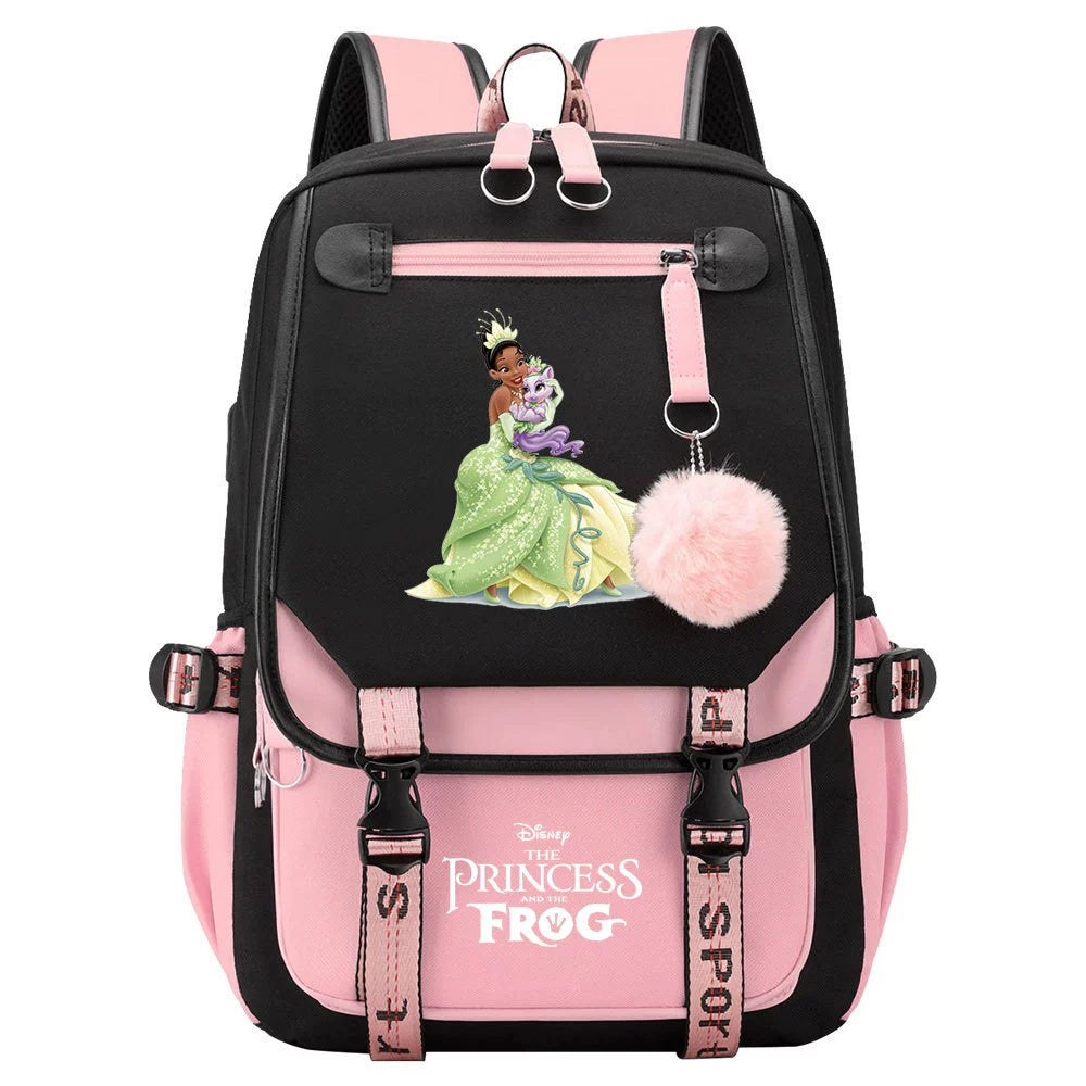 The Princess and the Frog Waterproof Backpack School Notebook Travel Bag USB Charging