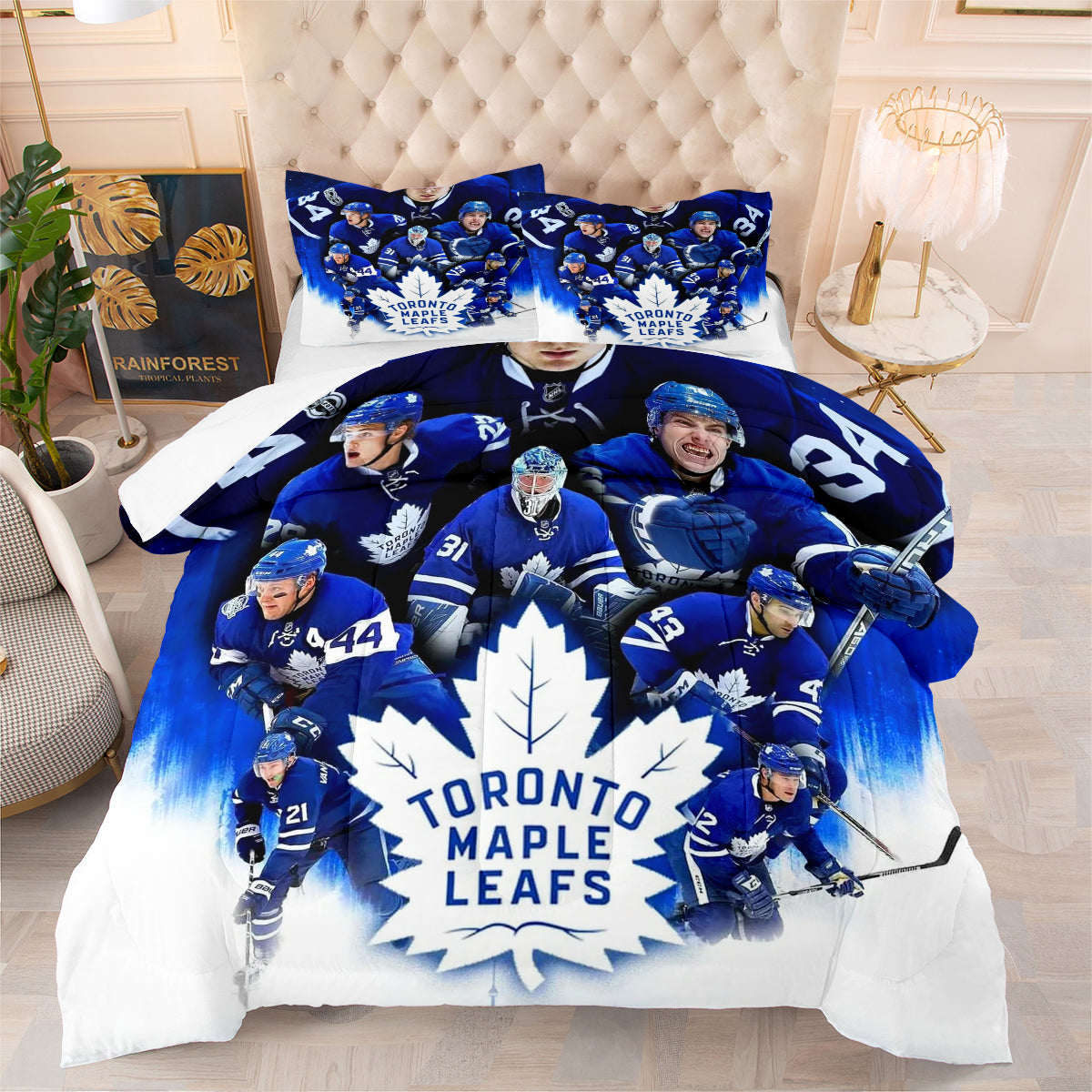 Toronto Hockey Maple Leafs Comforter Pillowcases 3PC Sets Blanket All Season Reversible Quilted Duvet