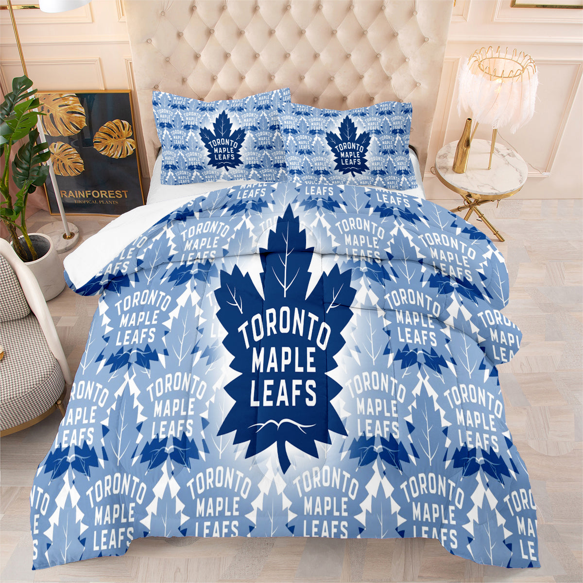 Toronto Hockey Maple Leafs Comforter Pillowcases 3PC Sets Blanket All Season Reversible Quilted Duvet