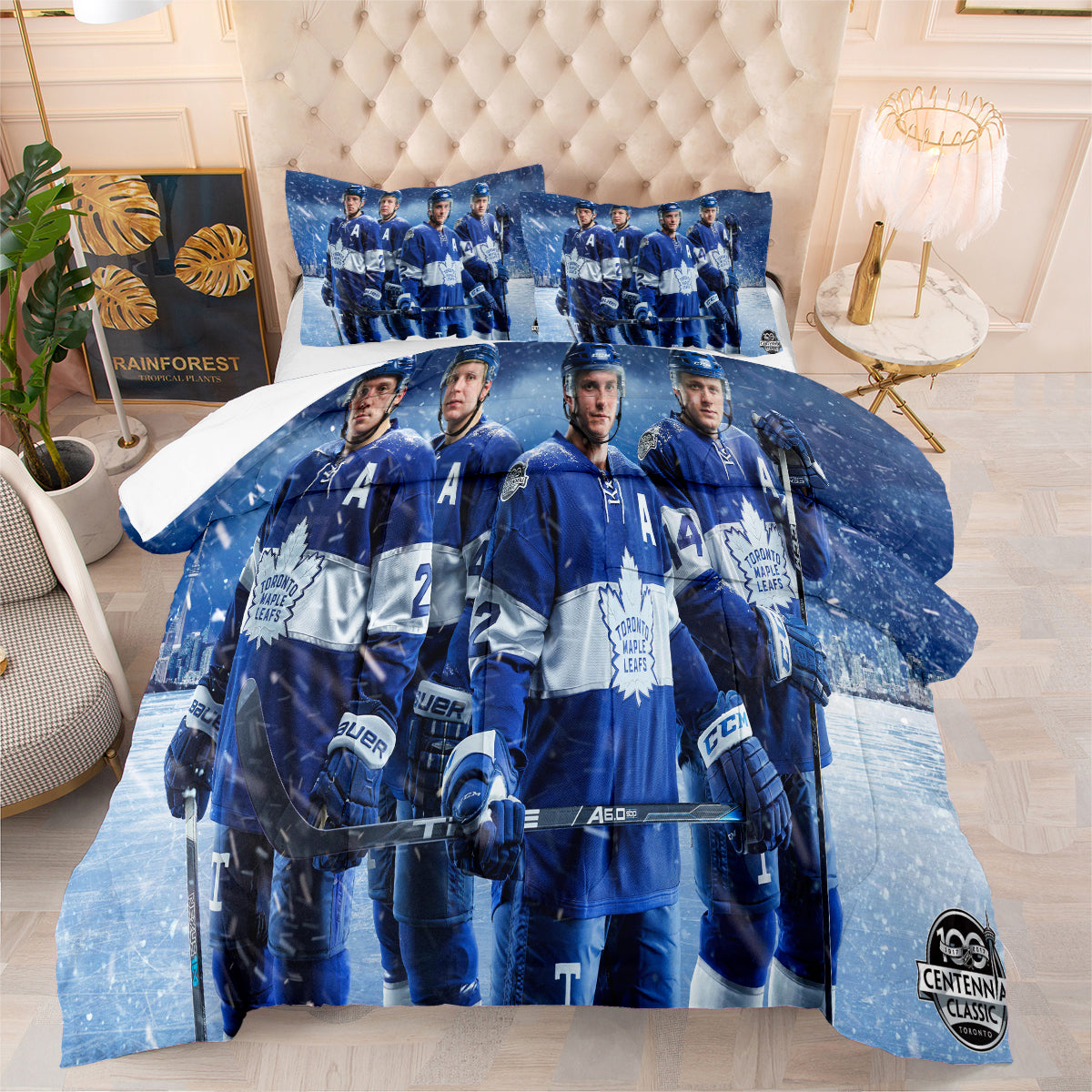 Toronto Hockey Maple Leafs Comforter Pillowcases 3PC Sets Blanket All Season Reversible Quilted Duvet