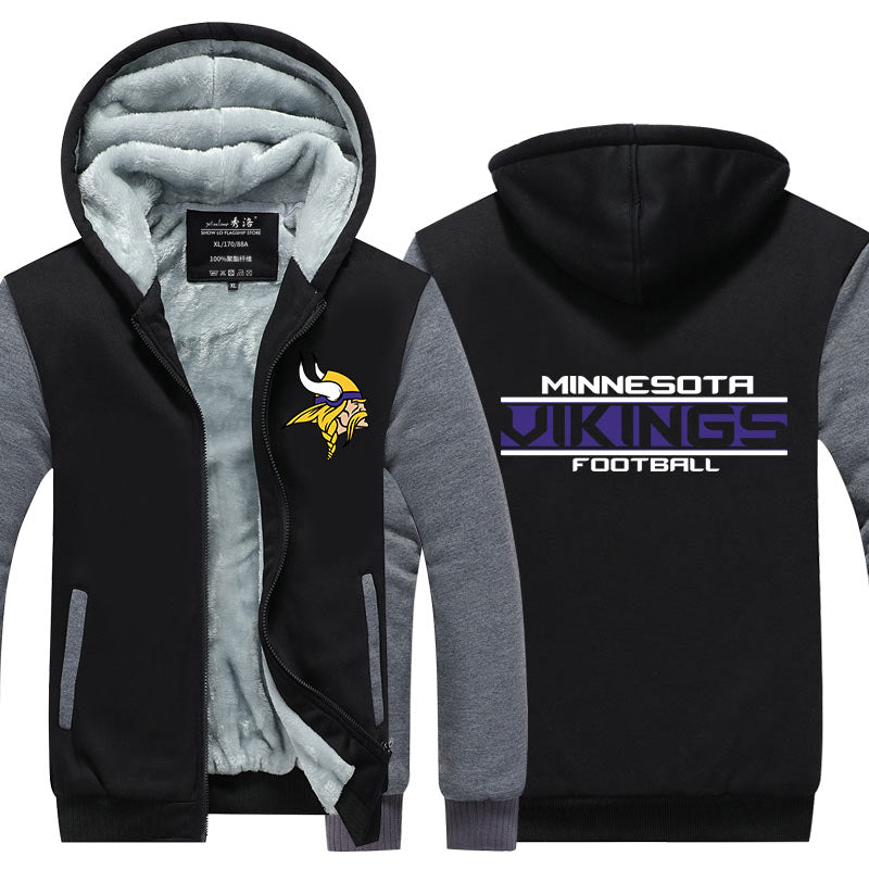 Minnesota Football Team Vikings Unisex Lined Hoodie Fleece Sweatshirt Full Zipper Hooded Thicken Jacket