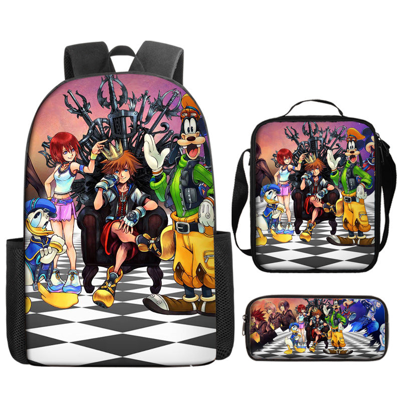 Kingdom Hearts Full Printed Backpack Schoolbag Travel Notebook Bag Lunch Bag Pencil Bag for Kids Students 3PCS