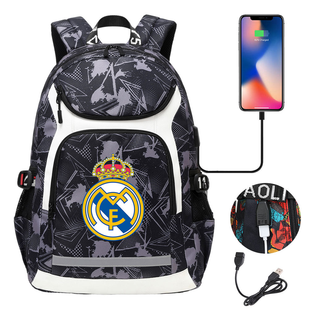 Real Madrid Football Club USB Charging Backpack School Notebook Travel Bags