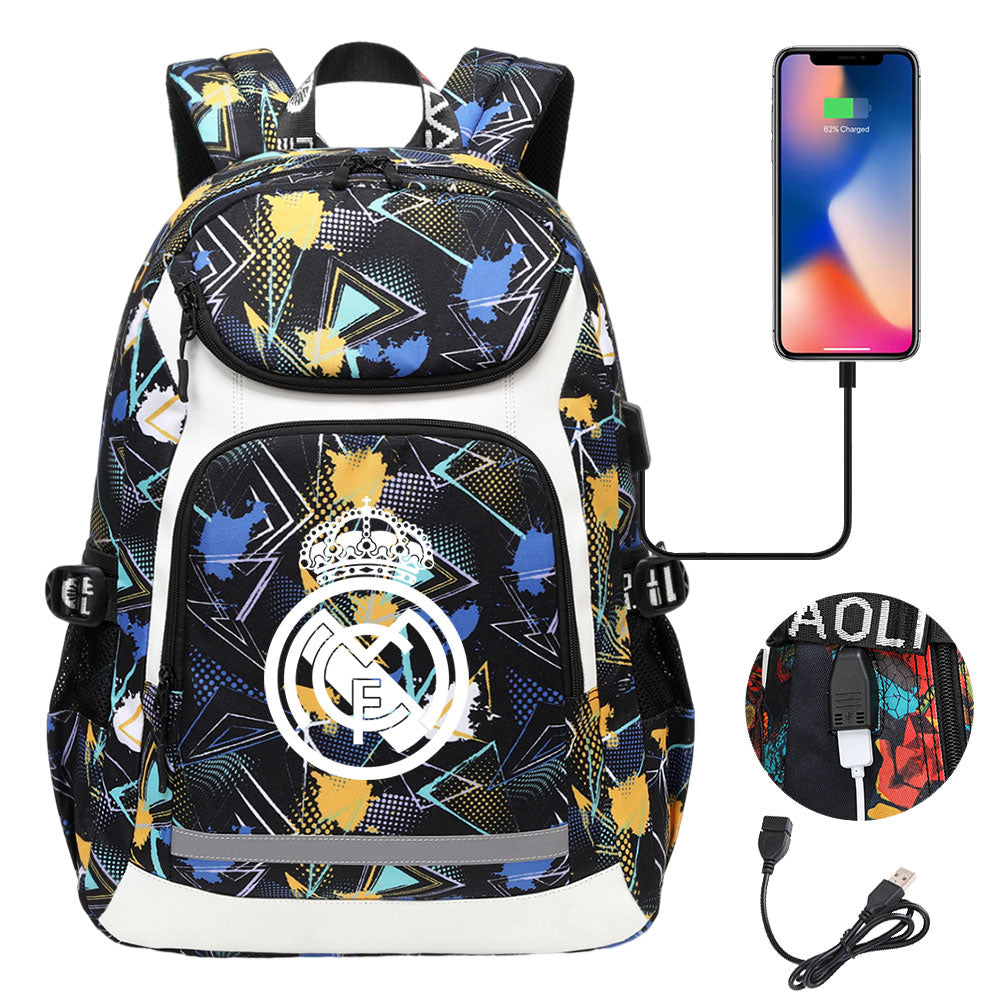 Real Madrid Football Club USB Charging Backpack School Notebook Travel Bags