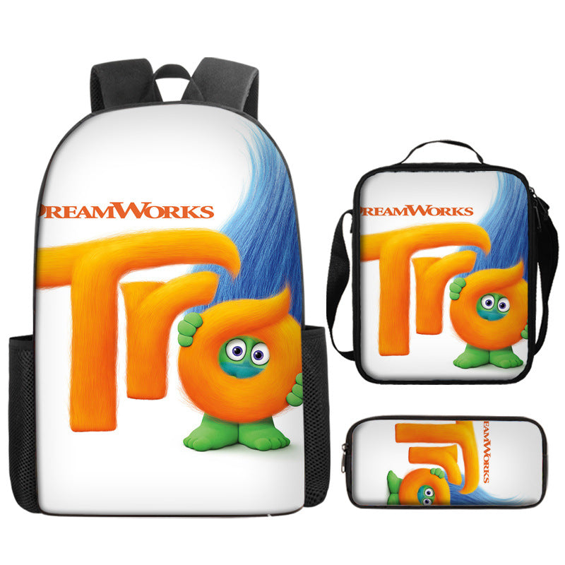 Trolls Full Printed Backpack Schoolbag Travel Notebook Bag Lunch Bag Pencil Bag for Kids Students 3PCS