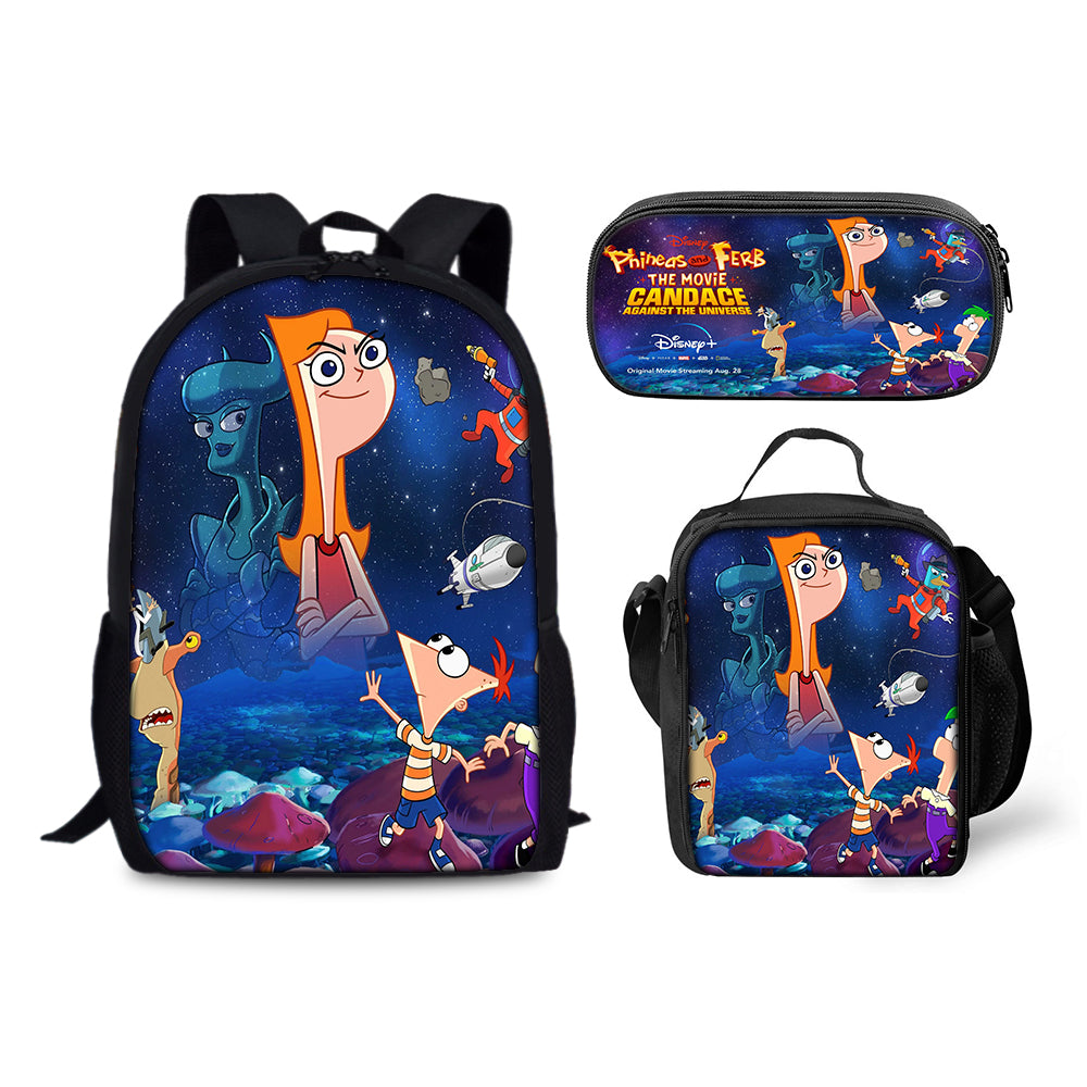 Phineas and Ferb Backpack Schoolbag Lunch Bag Pencil Bag for Kids Students 3PCS