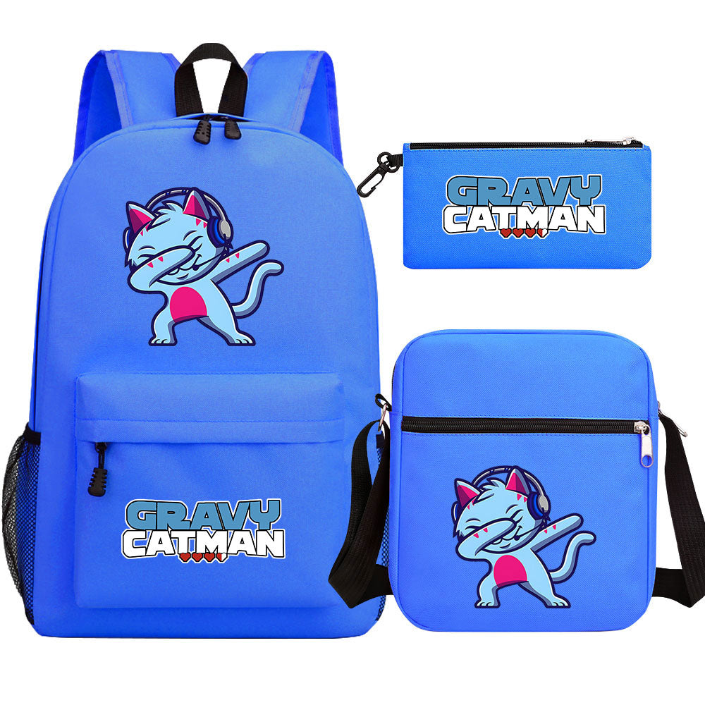 Gravy Cat Man Printed Schoolbag Backpack Shoulder Bag Pencil Bag 3pcs set for Kids Students