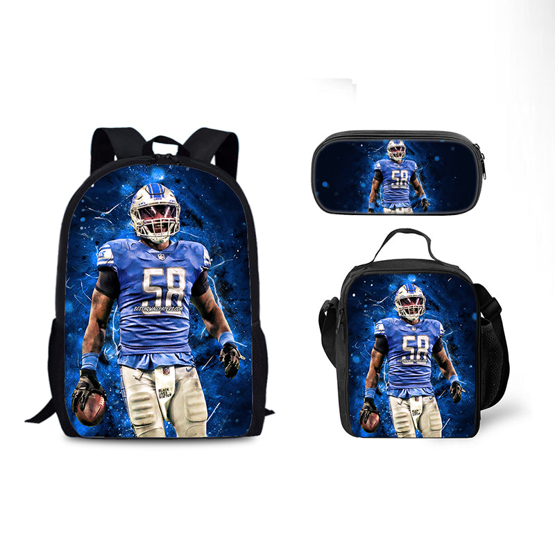 Detroit Lions Football Team Full Printed Backpack Schoolbag Travel Notebook Bag Lunch Bag Pencil Bag for Kids Students 3PCS