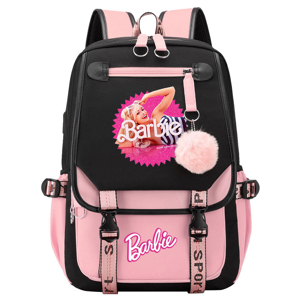 Pink Barbie  Waterproof Backpack School Notebook Travel Bags USB Charging