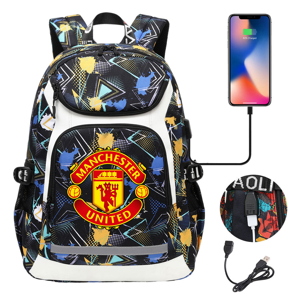 Manchester United Football Club USB Charging Backpack School Notebook Travel Bags