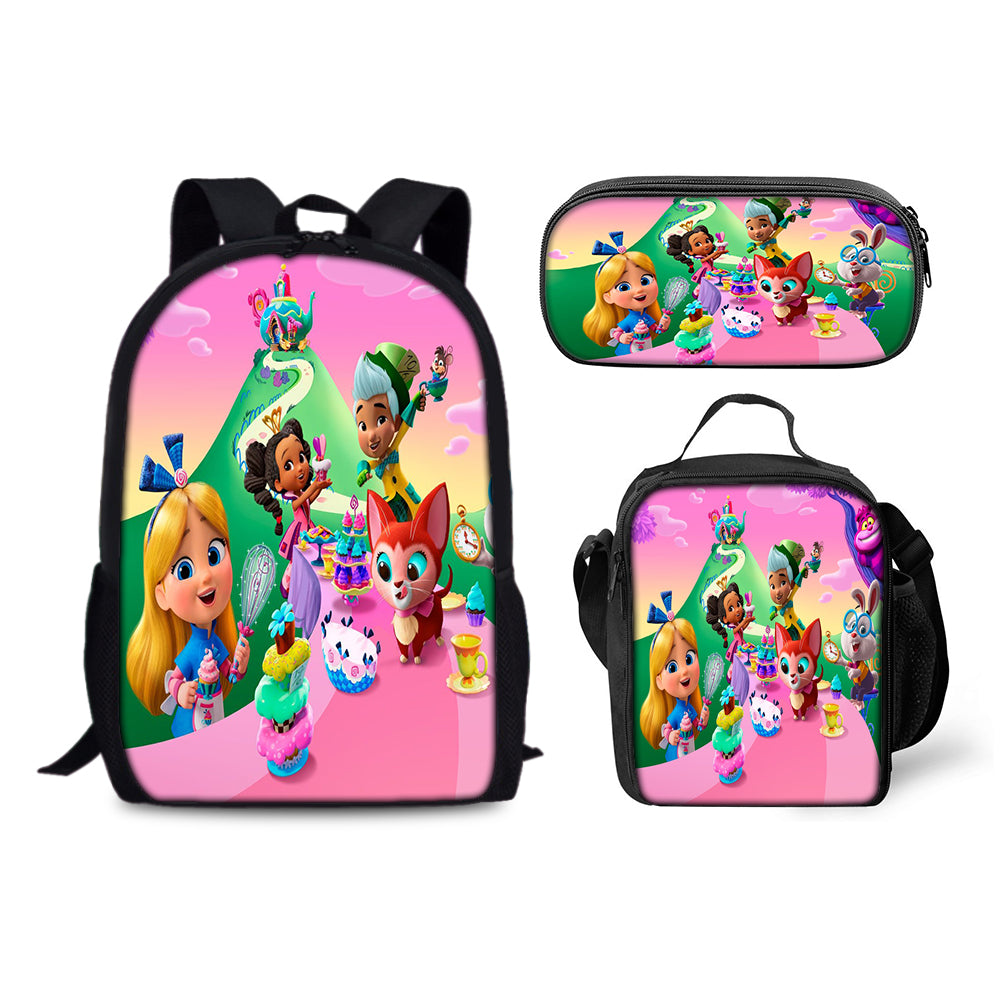 Alices Wonderland Bakery Backpack Schoolbag Lunch Bag Pencil Bag for Kids Students 3PCS