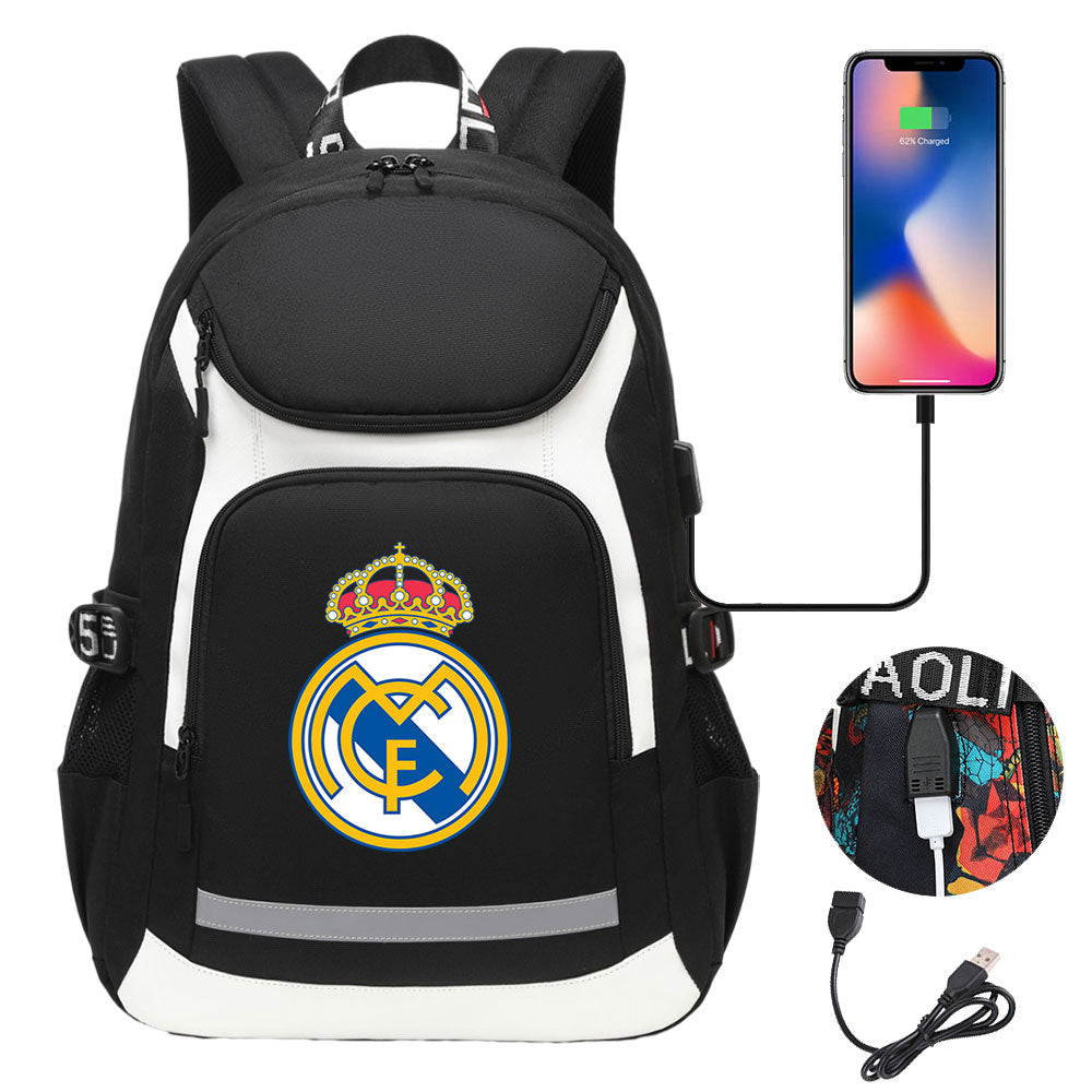 Real Madrid Football Club USB Charging Backpack School Notebook Travel Bags