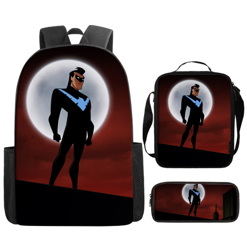 Nightwing Superhero Full Printed Backpack Schoolbag Travel Notebook Bag Lunch Bag Pencil Bag for Kids Students 3PCS