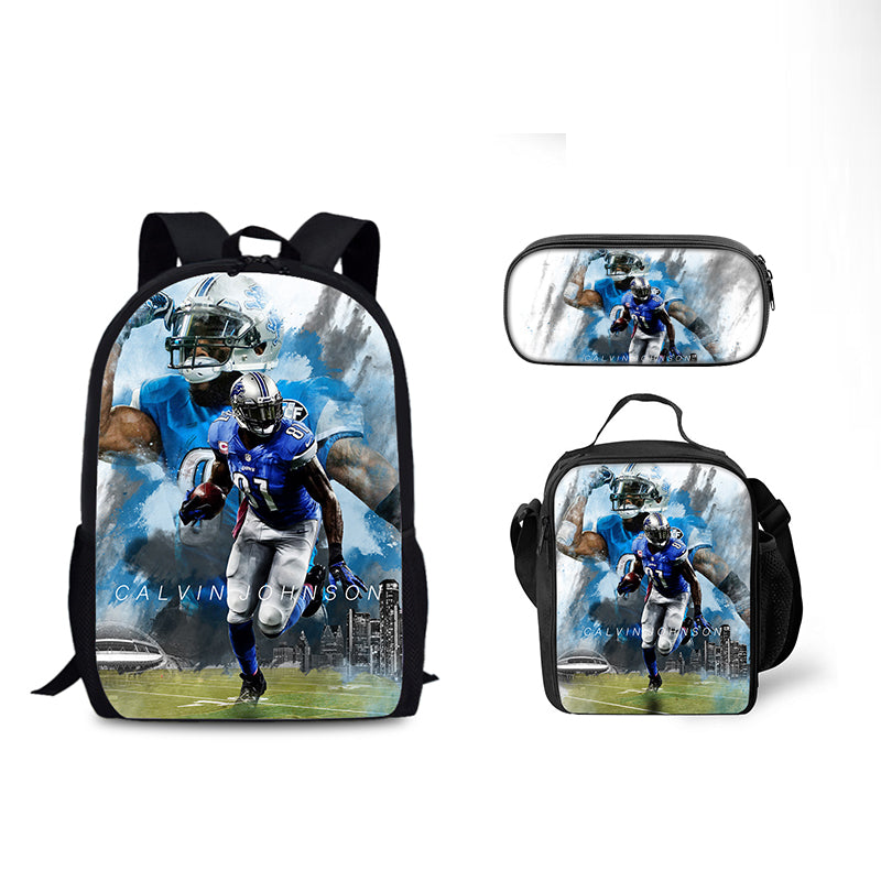 Detroit Lions Football Team Full Printed Backpack Schoolbag Travel Notebook Bag Lunch Bag Pencil Bag for Kids Students 3PCS