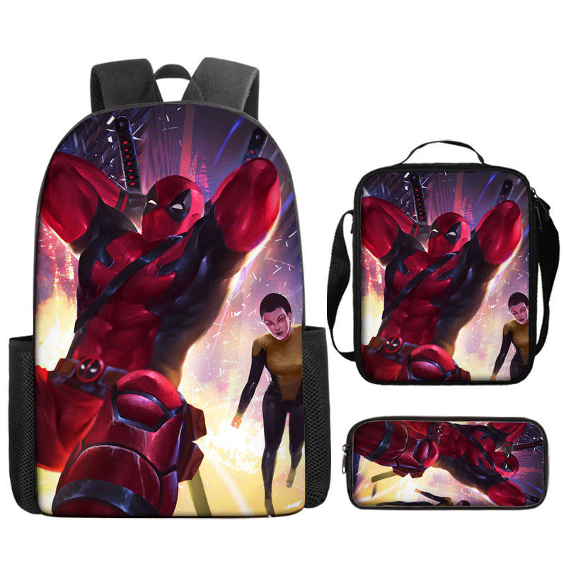 Deadpool Full Printed Backpack Schoolbag Travel Notebook Bag Lunch Bag Pencil Bag for Kids Students 3PCS