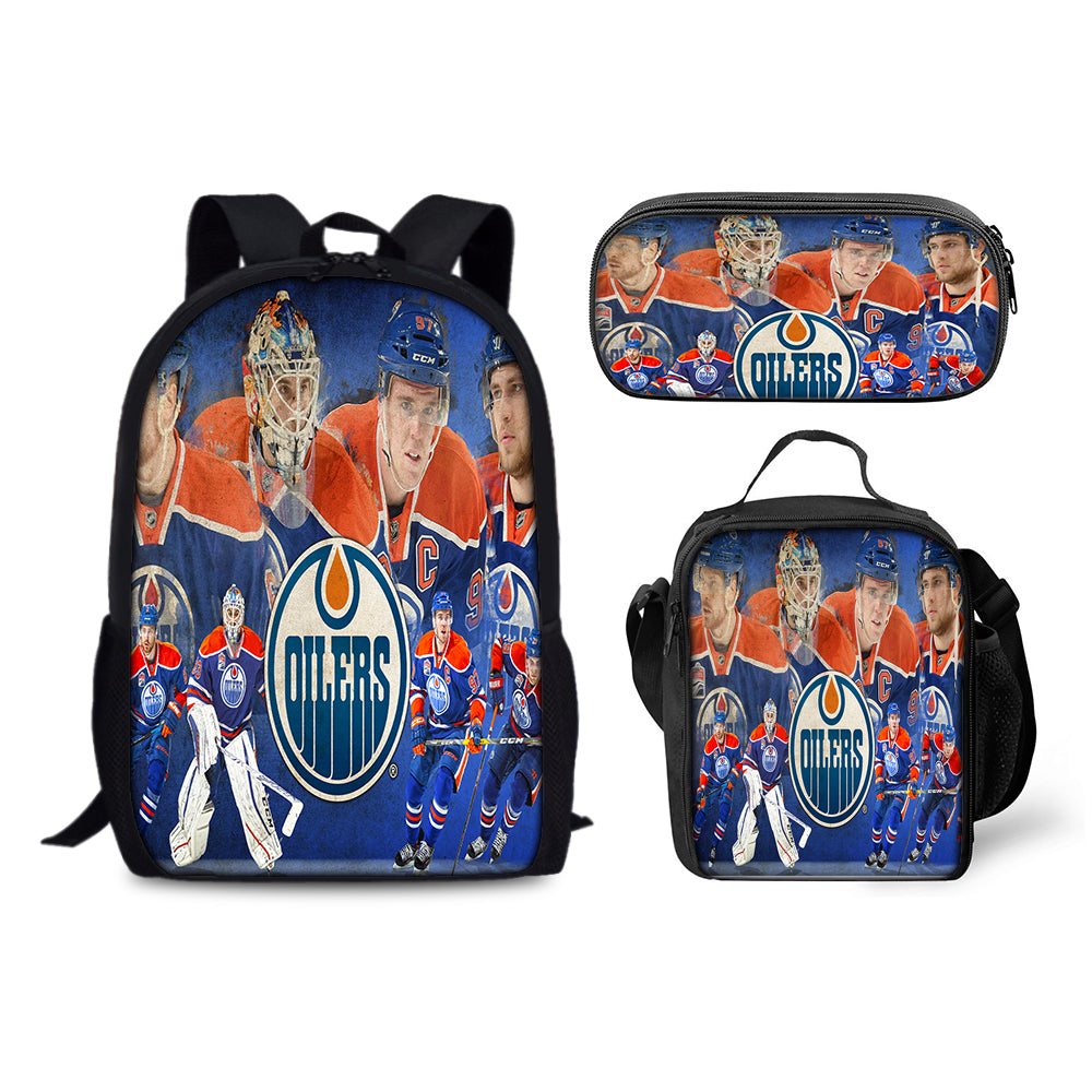 Edmonton Oilers Hockey League Backpack Schoolbag Lunch Bag Pencil Bag for Kids Students 3PCS