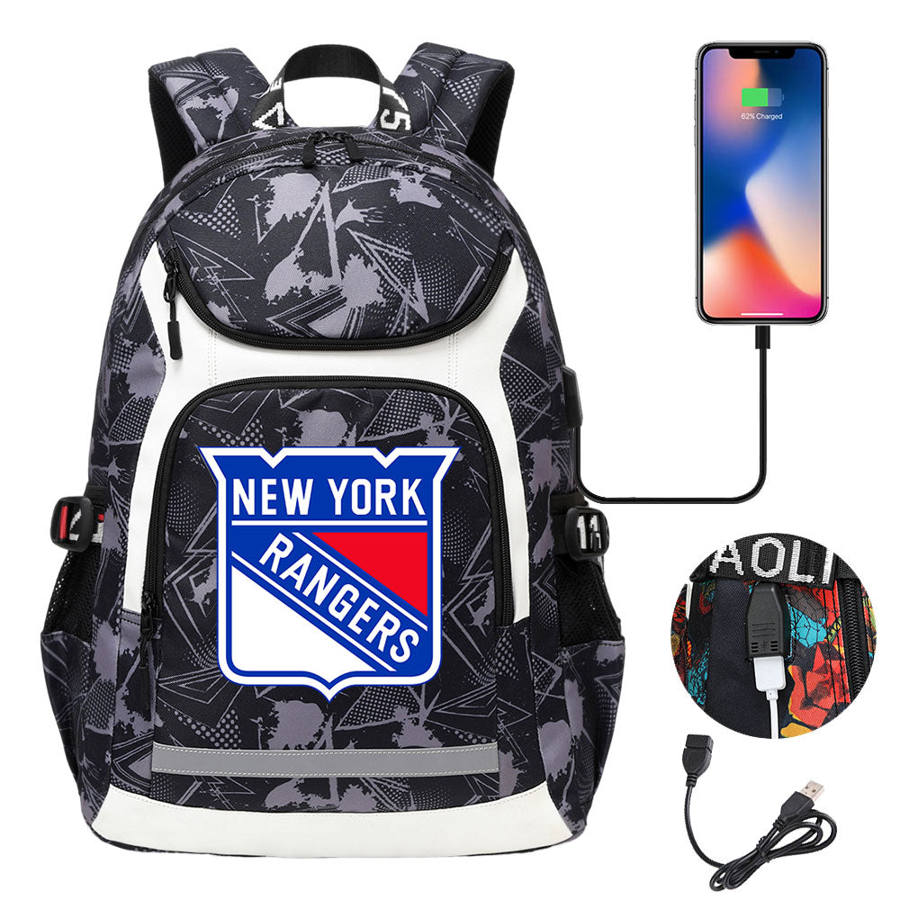 New York Rangers Hockey League USB Charging Backpack School Notebook Travel Bags