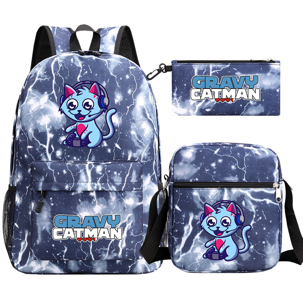 Gravy Cat Man Printed Schoolbag Backpack Shoulder Bag Pencil Bag 3pcs set for Kids Students