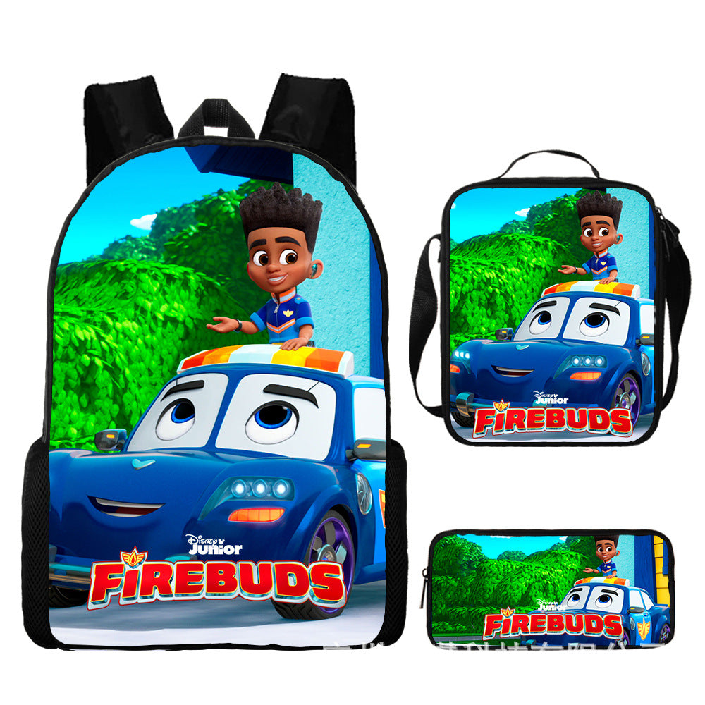 Firebuds Full Printed Backpack Schoolbag Travel Notebook Bag Lunch Bag Pencil Bag for Kids Students 3PCS