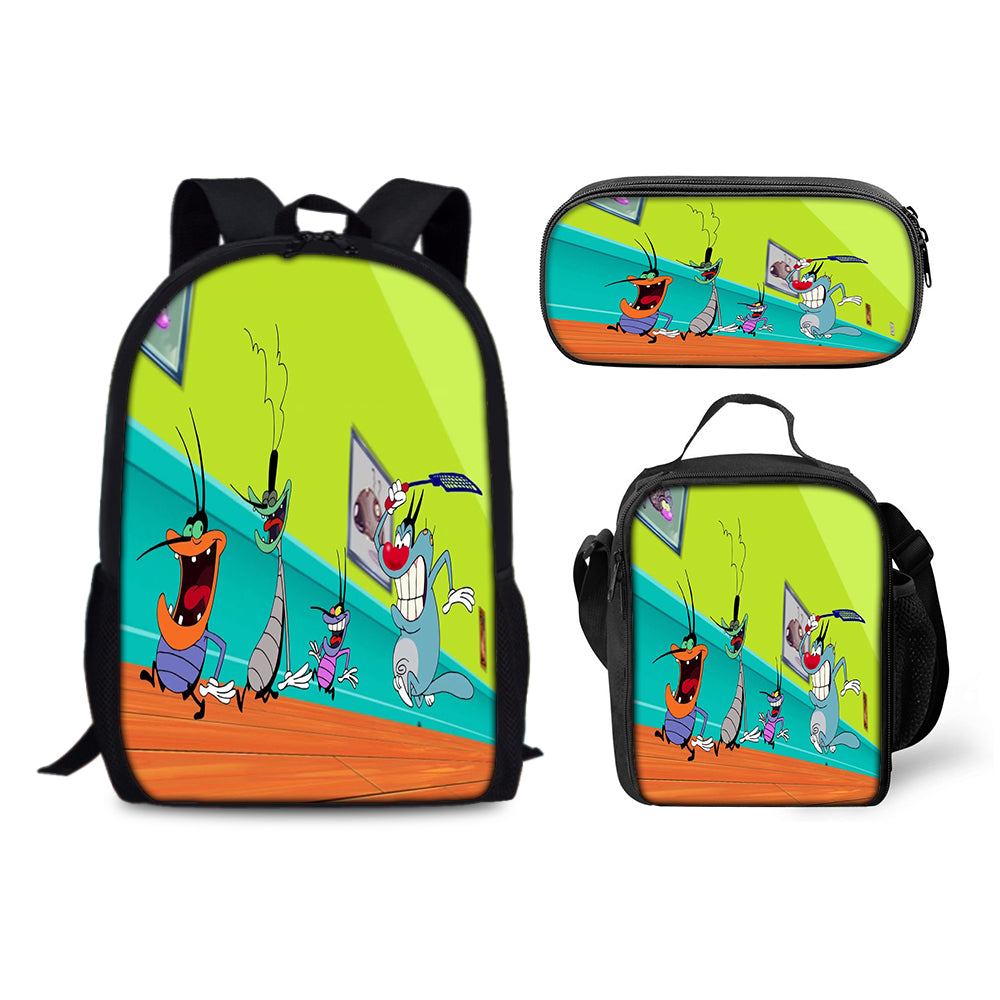 Oggy and the Cockroaches Backpack Schoolbag Lunch Bag Pencil Bag for Kids Students 3PCS