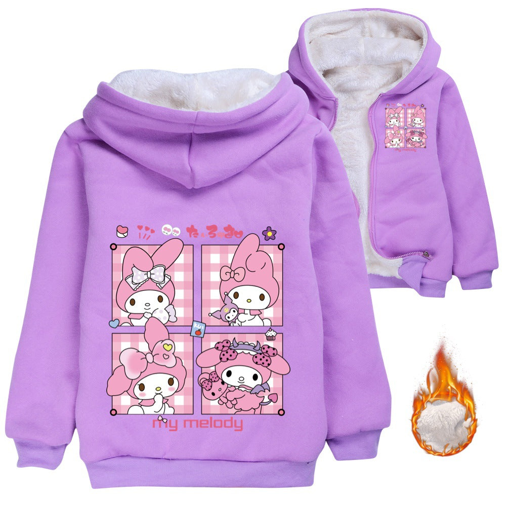 Kuromi Sherpa Lined Hoodie Fleece Sweatshirt Full Zip Hooded Jacket for Kids