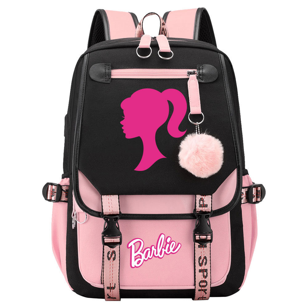 Pink Barbie  Waterproof Backpack School Notebook Travel Bags USB Charging