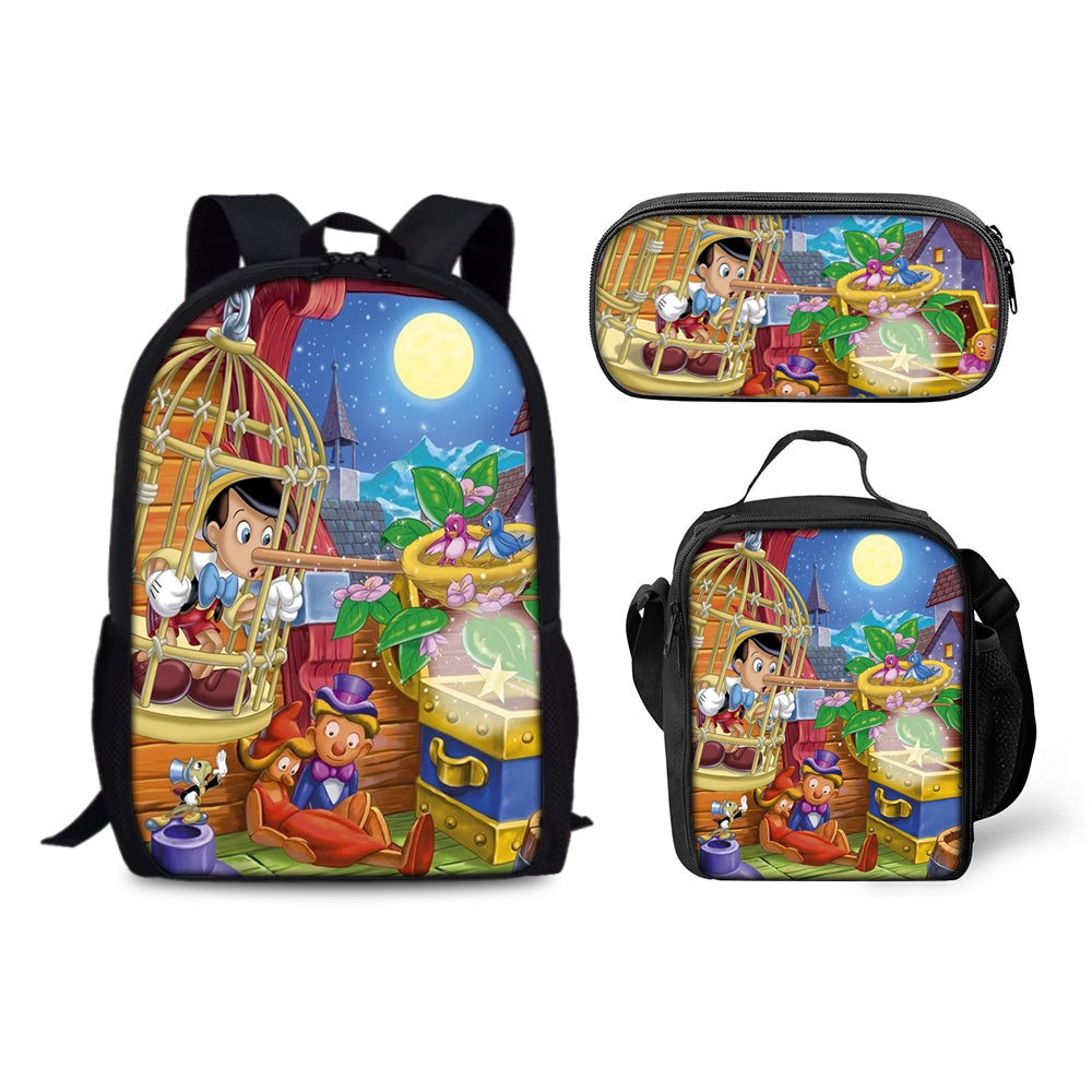 Pinocchio Backpack Schoolbag Lunch Bag Pencil Bag for Kids Students 3PCS