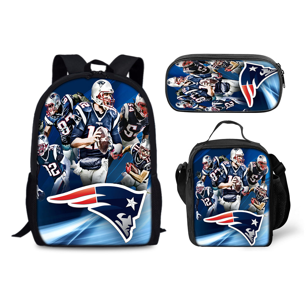 New England Patriots Football Team  Backpack Schoolbag Lunch Bag Pencil Bag for Kids Students 3PCS