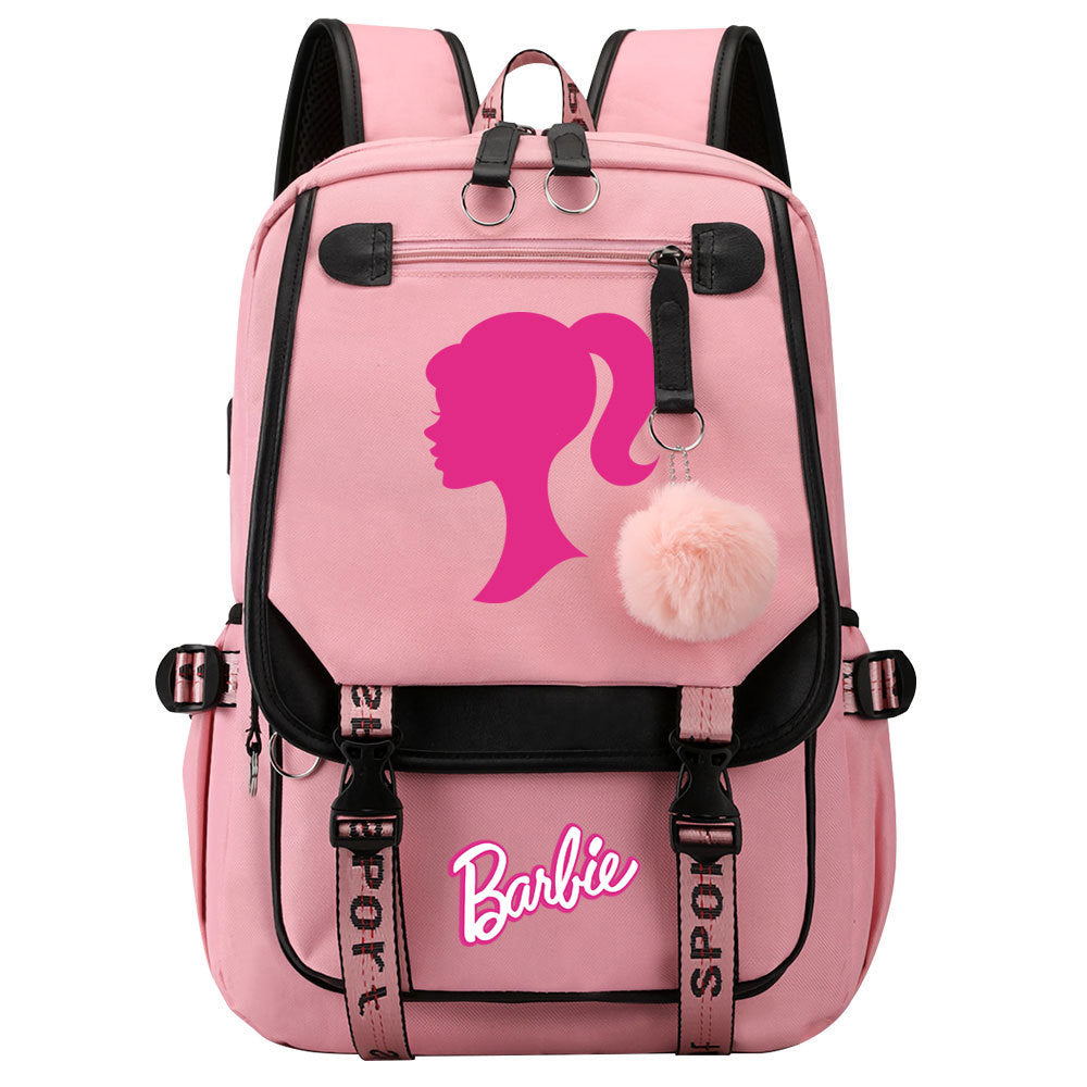 Pink Barbie  Waterproof Backpack School Notebook Travel Bags USB Charging