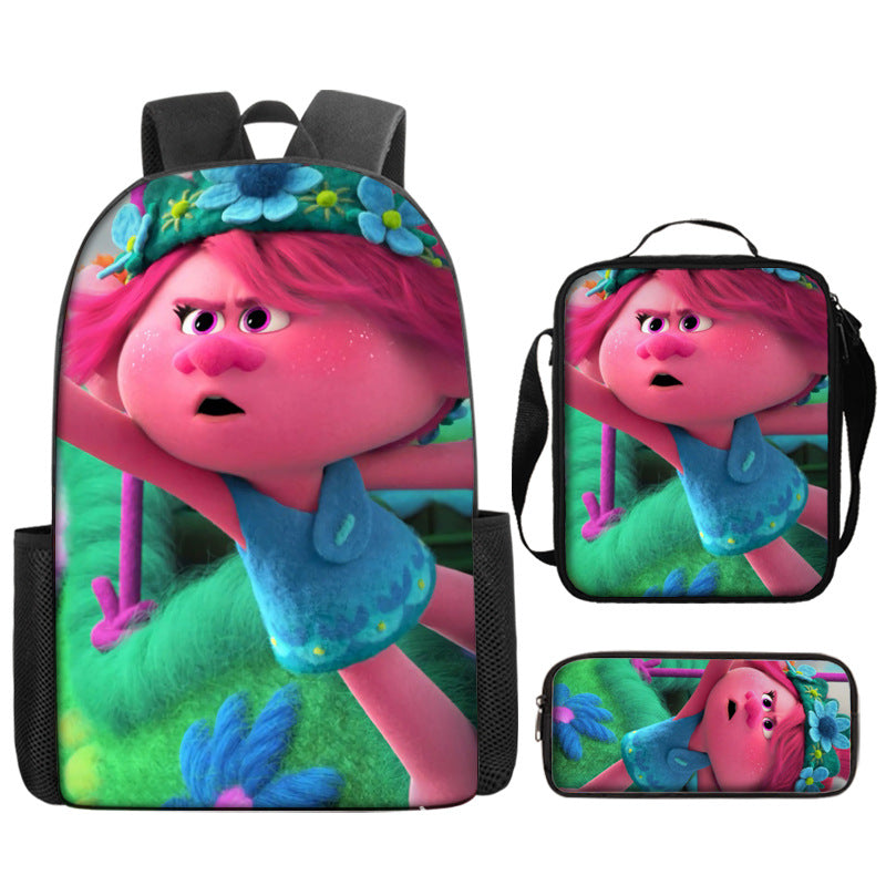 Trolls Full Printed Backpack Schoolbag Travel Notebook Bag Lunch Bag Pencil Bag for Kids Students 3PCS