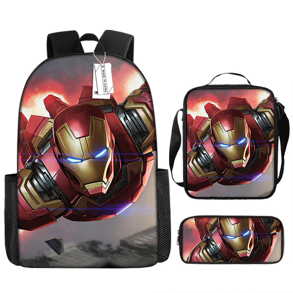 Iron Man Full Printed Backpack Schoolbag Travel Notebook Bag Lunch Bag Pencil Bag for Kids Students 3PCS