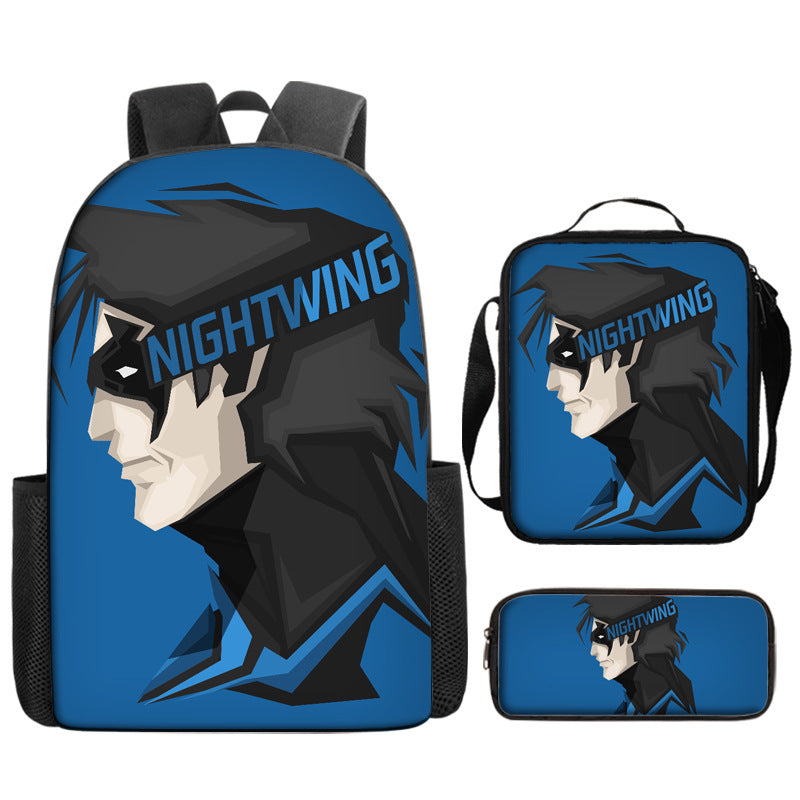 Nightwing Superhero Full Printed Backpack Schoolbag Travel Notebook Bag Lunch Bag Pencil Bag for Kids Students 3PCS