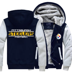 Pittsburgh Football Team Steelers Unisex Lined Hoodie Fleece Sweatshirt Full Zipper Hooded Thicken Jacket