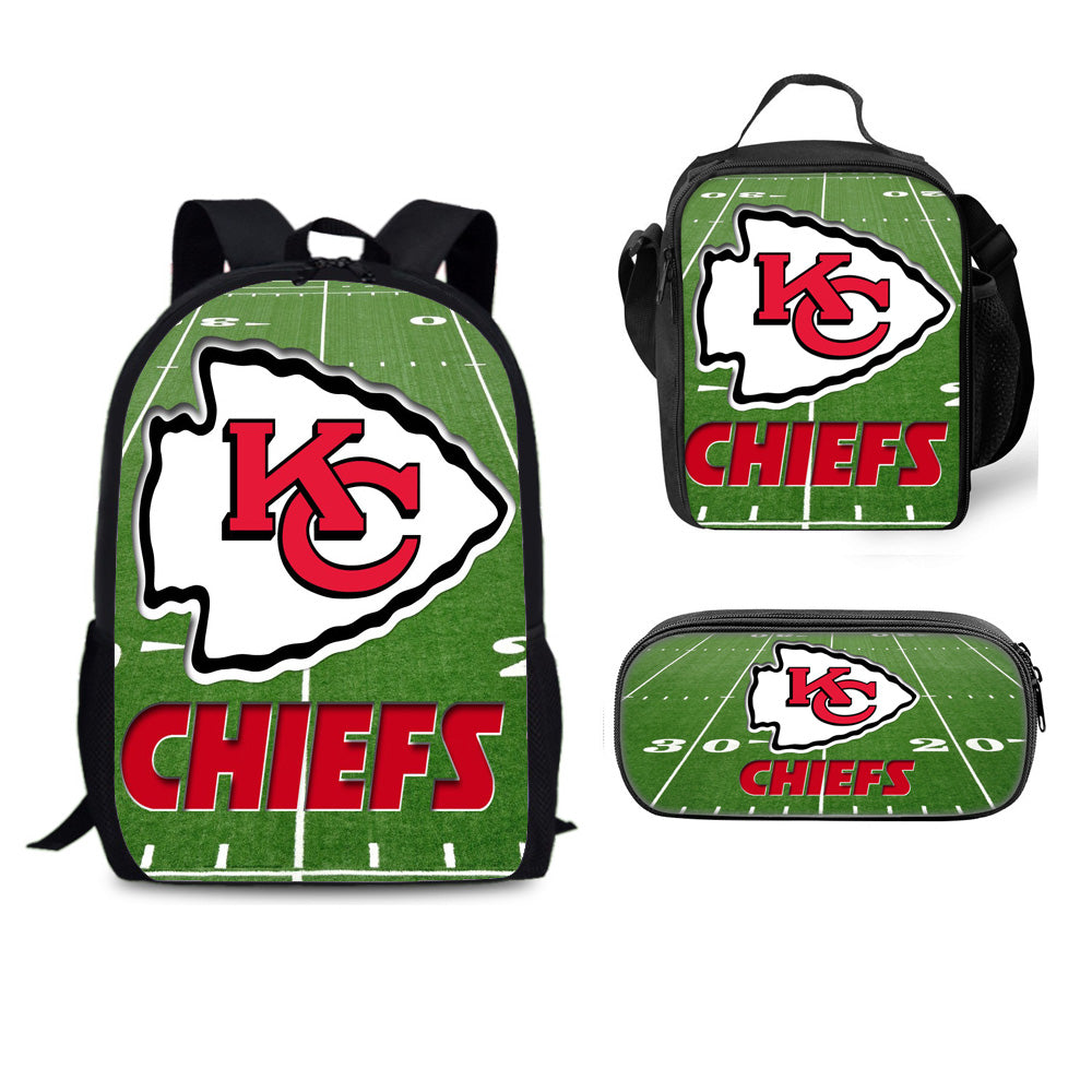 Kansas City Chiefs Football Team Full Printed Backpack Schoolbag Travel Notebook Bag Lunch Bag Pencil Bag for Kids Students 3PCS