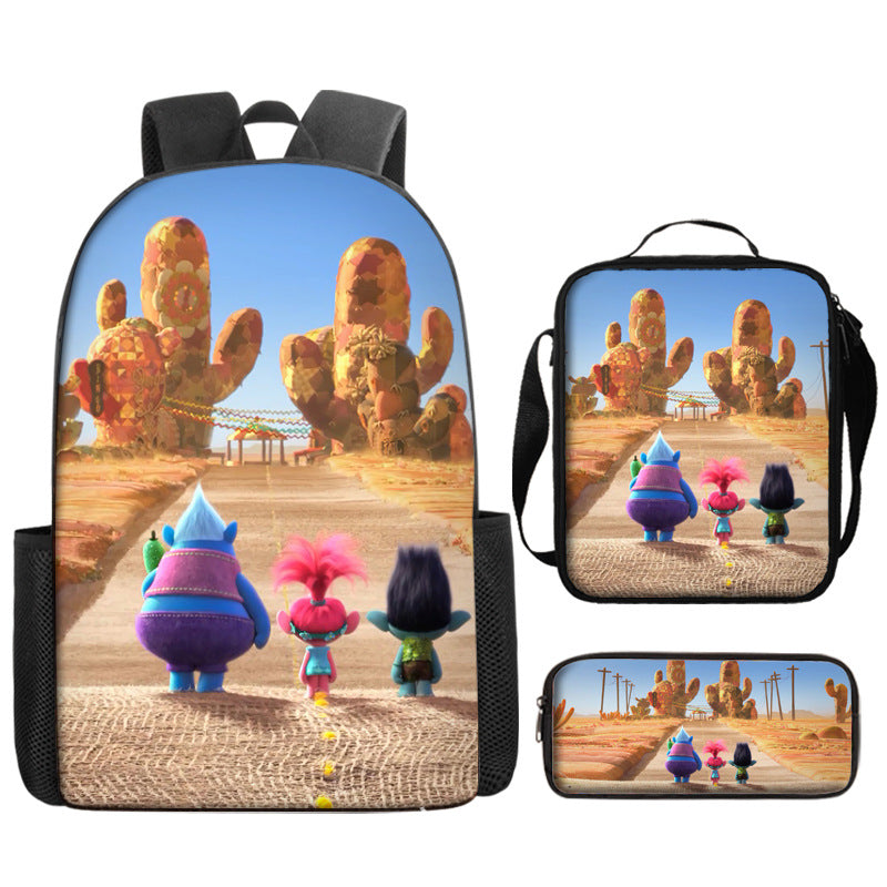 Trolls Full Printed Backpack Schoolbag Travel Notebook Bag Lunch Bag Pencil Bag for Kids Students 3PCS