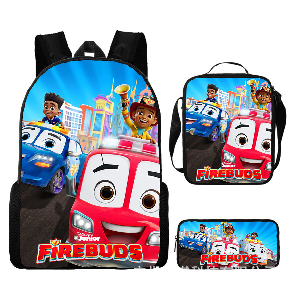 Firebuds Full Printed Backpack Schoolbag Travel Notebook Bag Lunch Bag Pencil Bag for Kids Students 3PCS