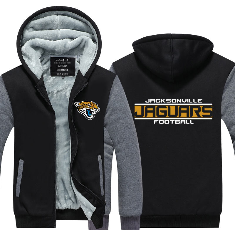 Jacksonville Football Team Jaguars Unisex Lined Hoodie Fleece Sweatshirt Full Zipper Hooded Thicken Jacket