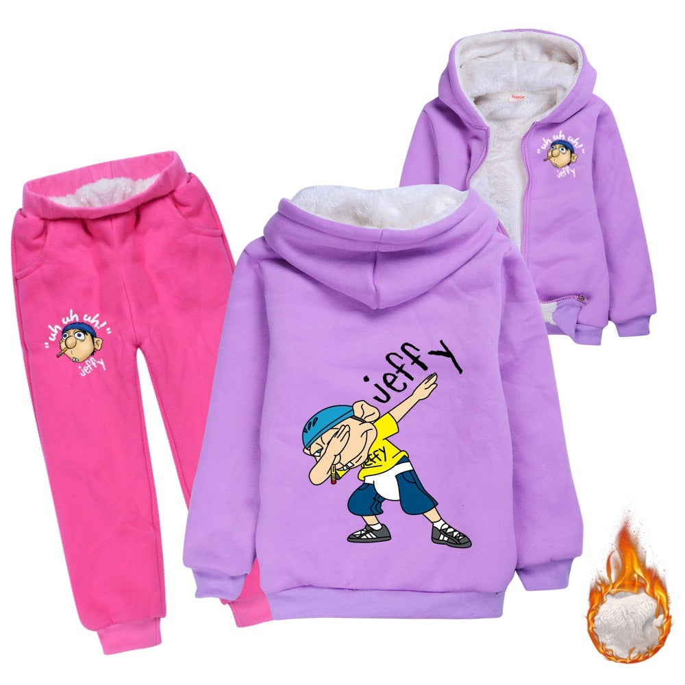 Jeffy Sherpa Lined Hoodie Fleece Sweatshirt Pants Full Set for Kids