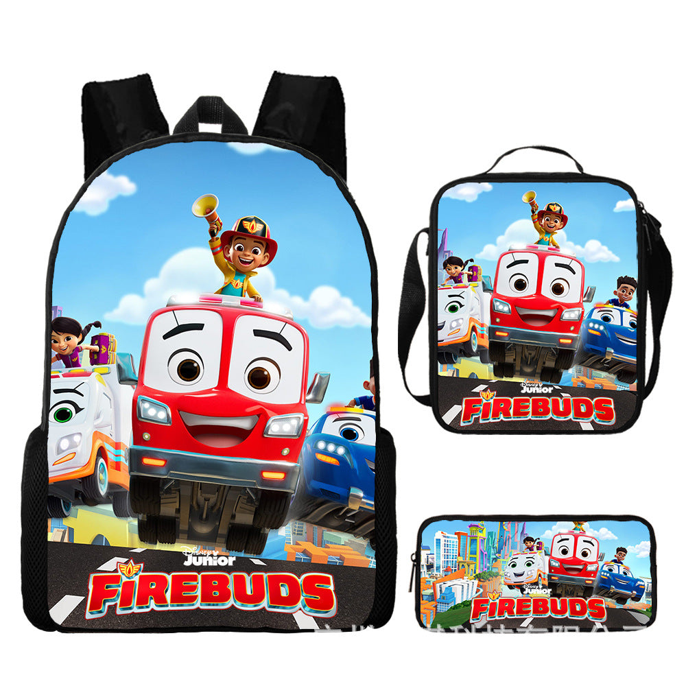 Firebuds Full Printed Backpack Schoolbag Travel Notebook Bag Lunch Bag Pencil Bag for Kids Students 3PCS